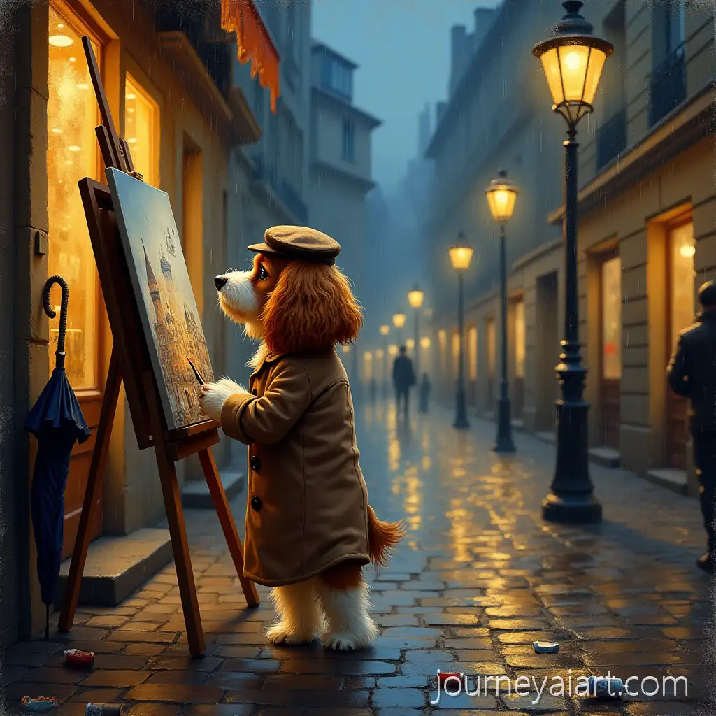 Dog-Artist-PaintingDog-painting-in-Paris-Paris-Street-Scene-at-Night-in-Impressionist-Style