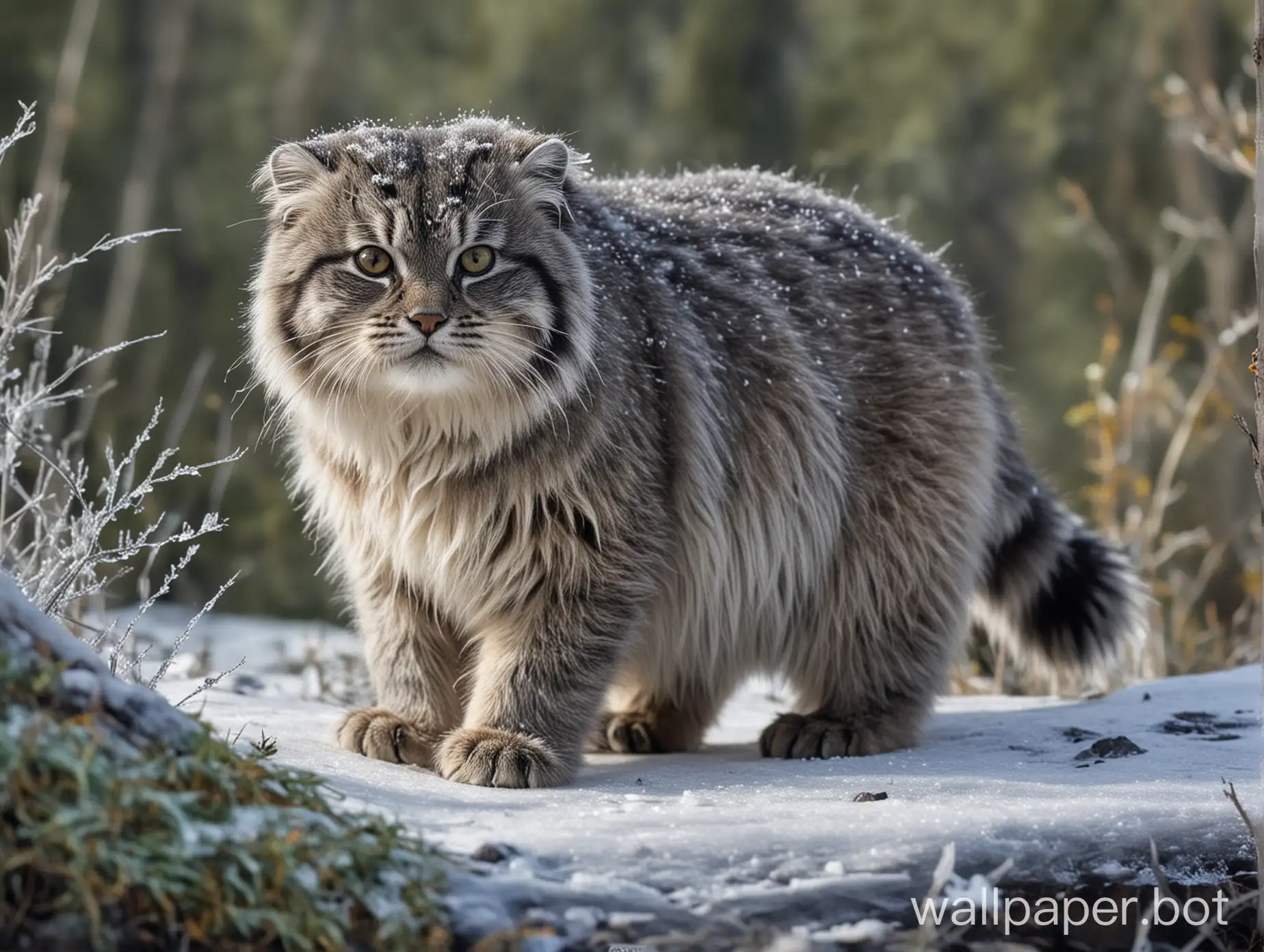 Pallas cat in a frozen taiga forest