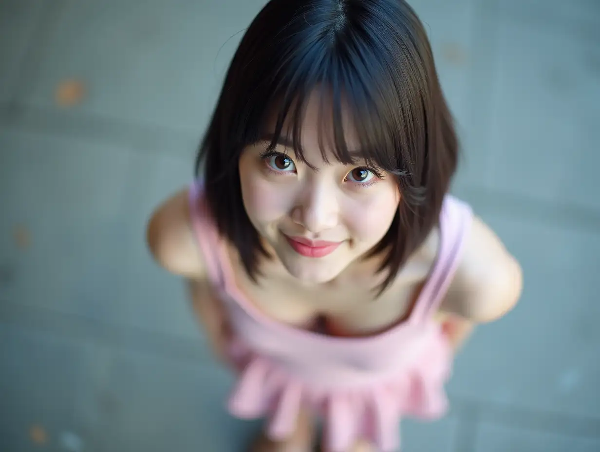 Young-Woman-in-Pink-Miniskirt-with-Bob-Haircut-in-Shinjuku-Low-Angle-Shot-Focused-on-Eyes