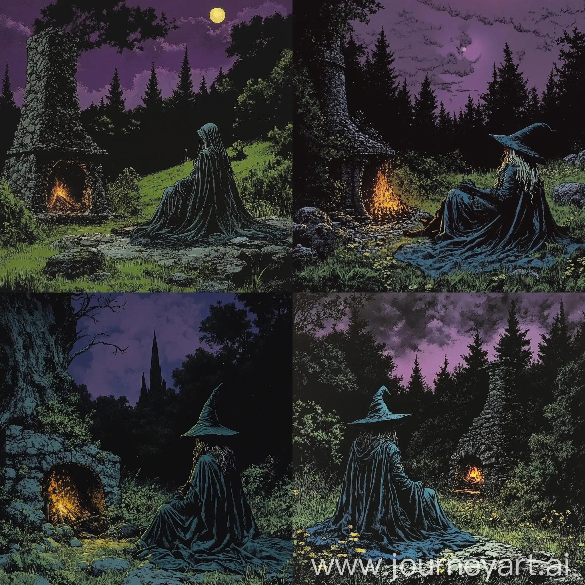 70s-Retro-Dark-Fantasy-Witch-by-Fireplace-in-Green-Forest