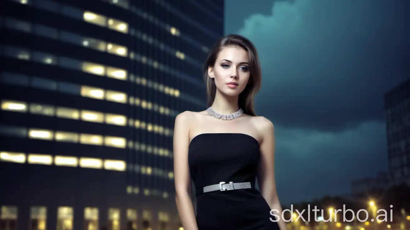 model woman 24 years old with silver modest jewelry, dressed elegant like light black/gray color dress, fully dressed, all picture at night, in cloudy day , against the background street: modern office buildings. texture grain