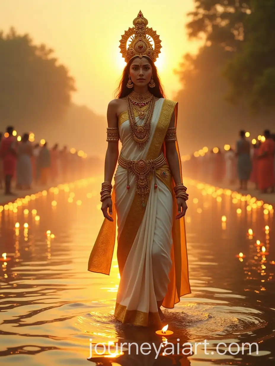 Hindu-Goddess-Standing-on-Sacred-RiverAI-Image-Expansion-SEO-at-Sunset-with-Divine-Glow
