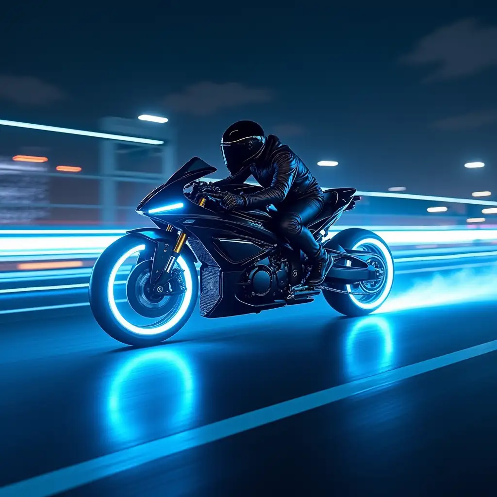 A futuristic motorcycle with glowing wheels and a sleek black design racing through a neon-lit highway, leaving trails of electric blue light