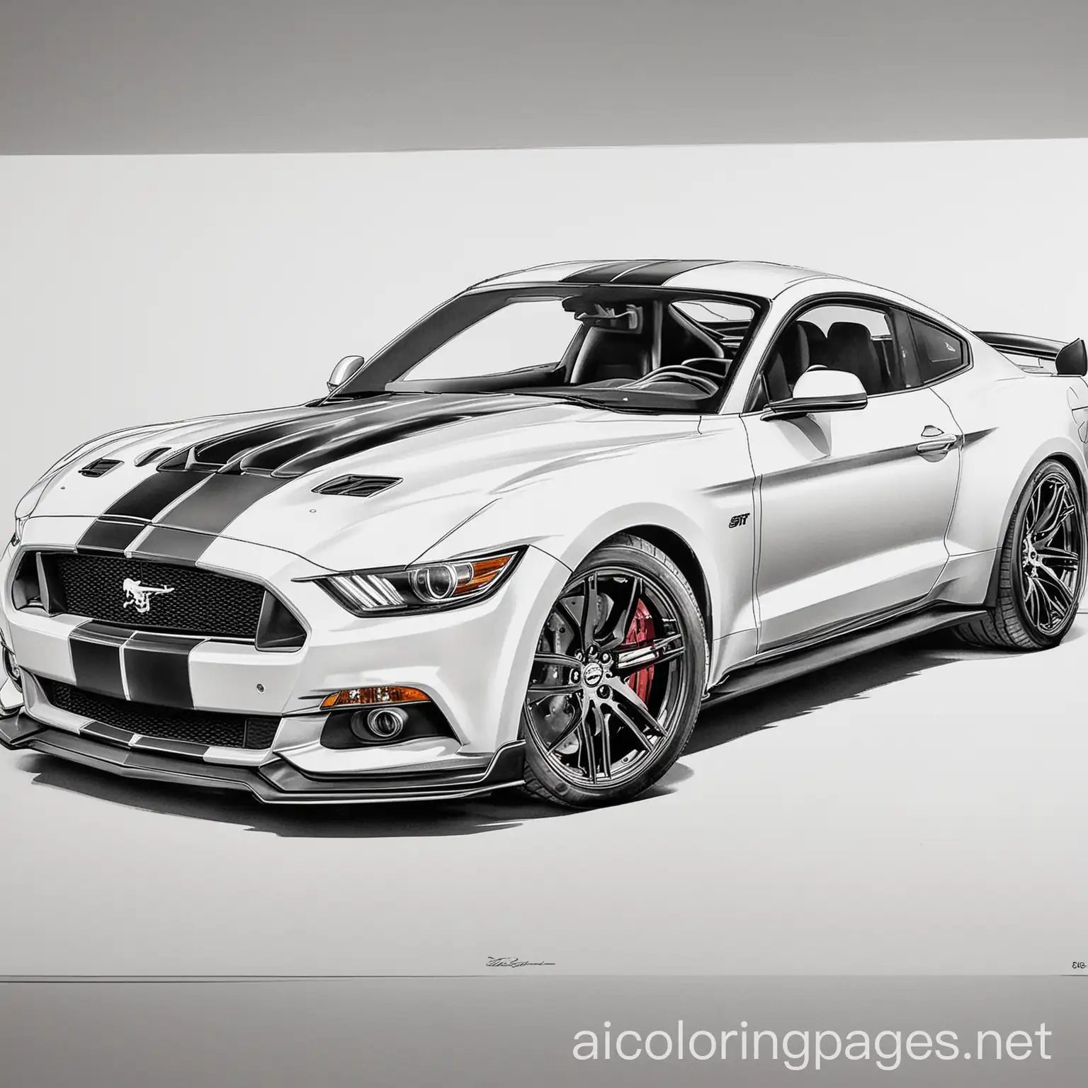 2015 mustang cobra  gt500, Coloring Page, black and white, line art, white background, Simplicity, Ample White Space. The background of the coloring page is plain white to make it easy for young children to color within the lines. The outlines of all the subjects are easy to distinguish, making it simple for kids to color without too much difficulty