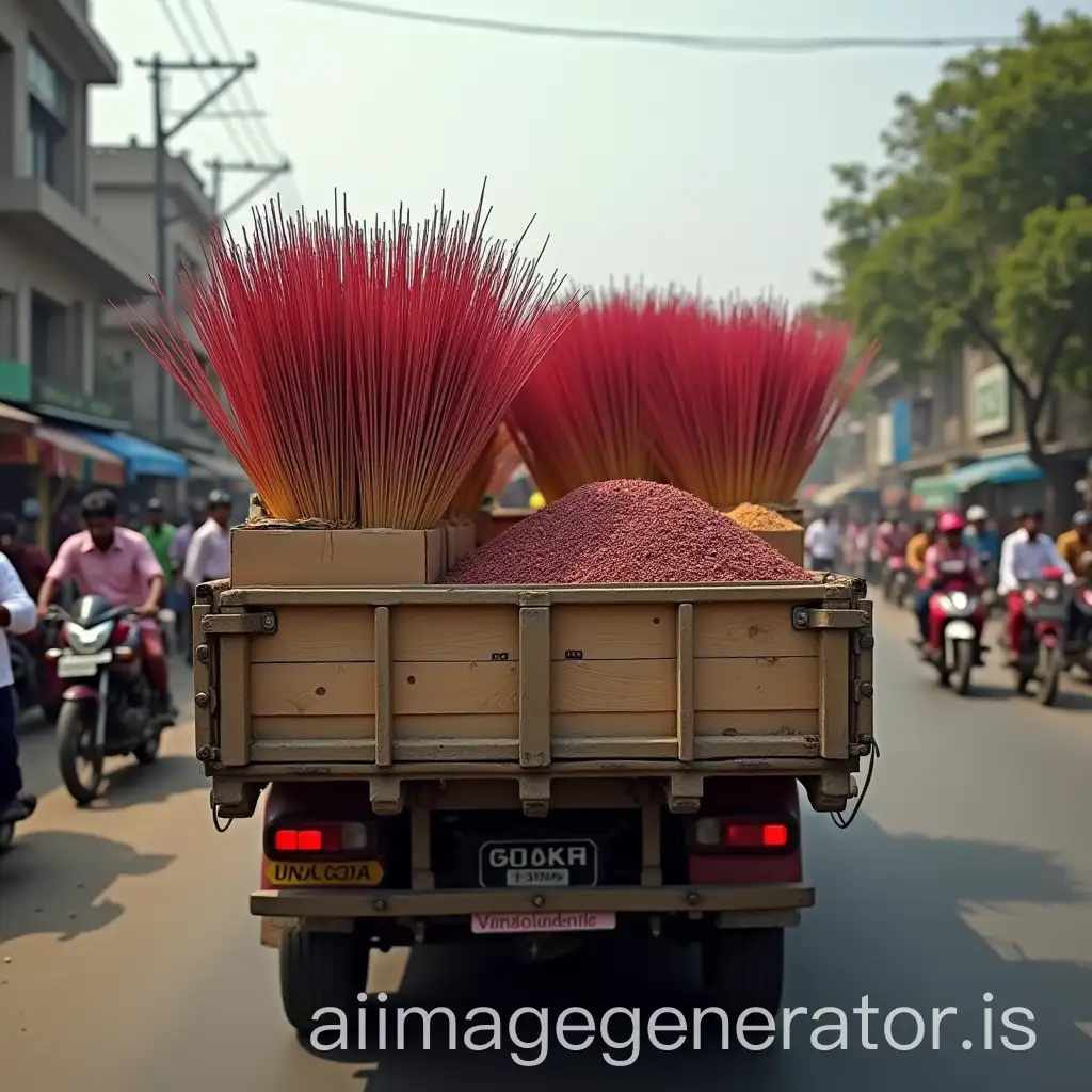 Boxes of incense being transported on a truck through the streets of India