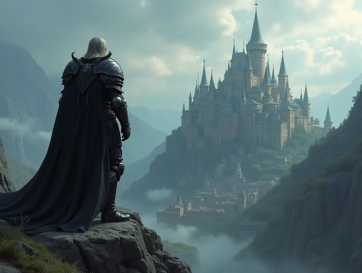 A warrior in a luxurious black armor stands on the mountain top, looking down at a medieval fantasy style city