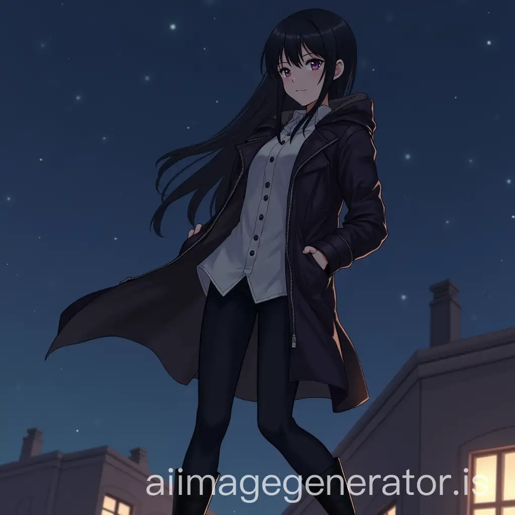 Beautiful-Girl-in-Leather-Jacket-Looking-Over-City-at-Night