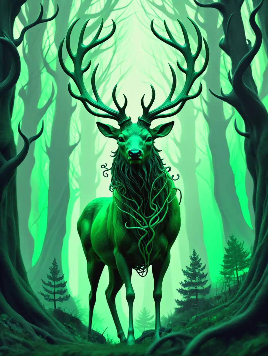 Fantasy Forest Scene with Majestic Stag and Curling Antlers