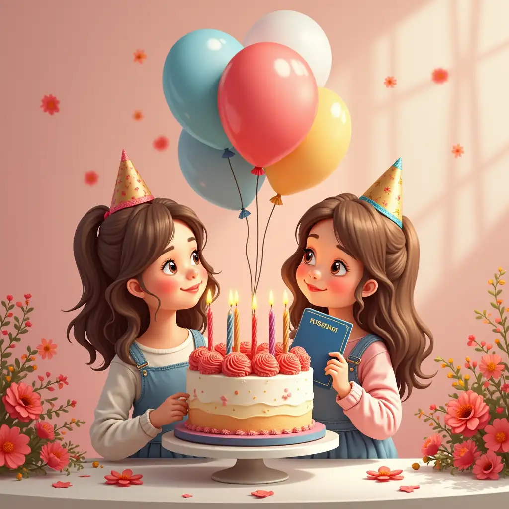 Greeting in the form of a picture - Happy birthday to twin girls, cake, Russian passport, two girls, balloons, flowers