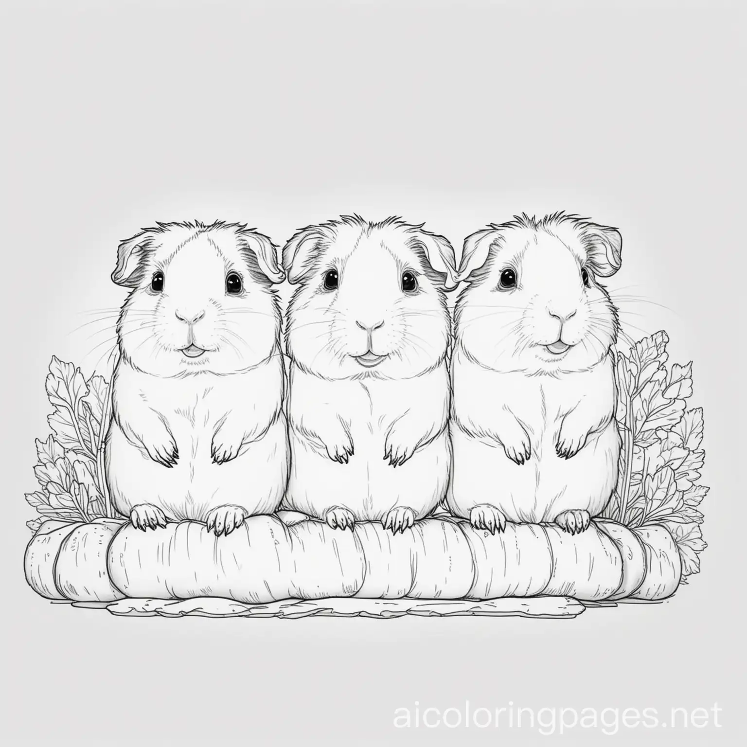 Guineapigs with carrot, Coloring Page, black and white, line art, white background, Simplicity, Ample White Space. The background of the coloring page is plain white to make it easy for young children to color within the lines. The outlines of all the subjects are easy to distinguish, making it simple for kids to color without too much difficulty