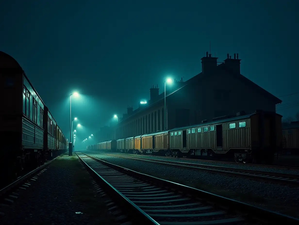 Railway depot at night, darkness. carriages and trains, large main building for renovation