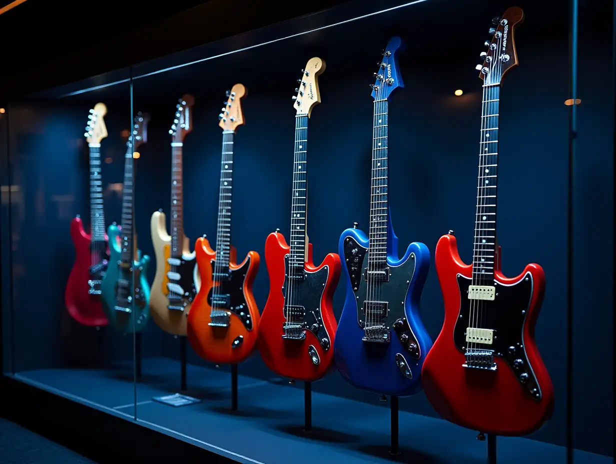 AI Electric guitars in an illuminated display case 8K resolution