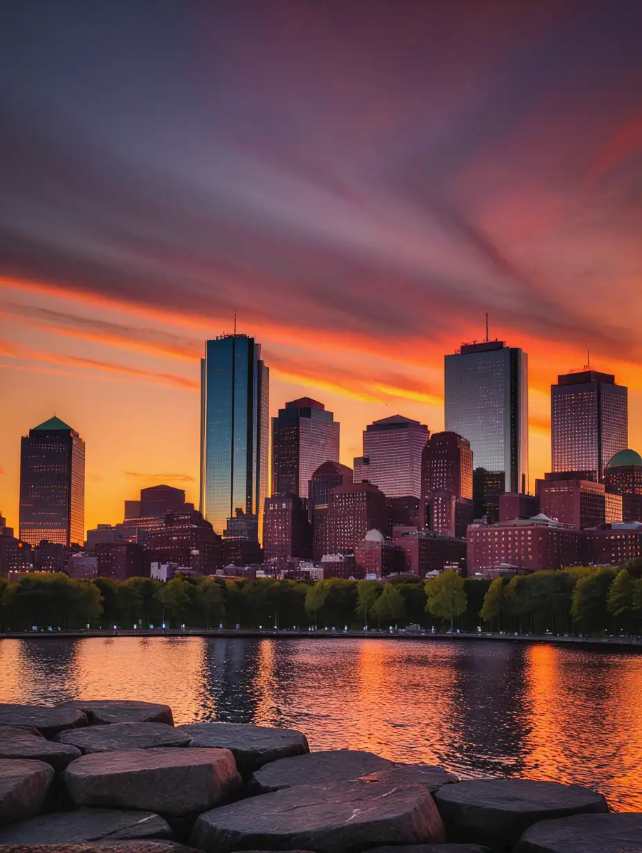 Boston Skyline at Sunset with City Lights Reflecting on Water