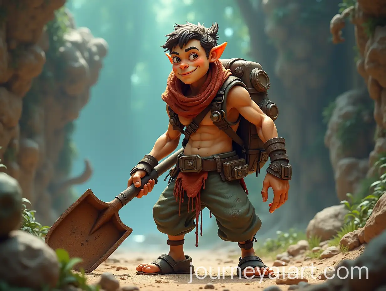 Lanky-Treasure-Hunter-Fisher-with-Rusty-Shovel-in-Whimsical-Futuristic-World