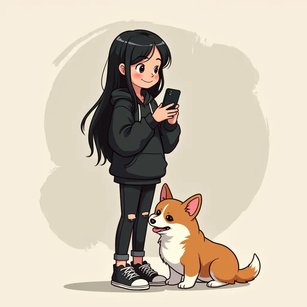 Young girl, of short stature, slim, with long black hair in black jeans and a black hoodie Holding an iPhone Next to a corgi dog