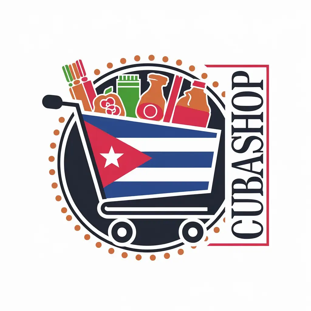 LOGO Design for CubaShop Shopping Cart with Cuba Flag and Groceries Theme