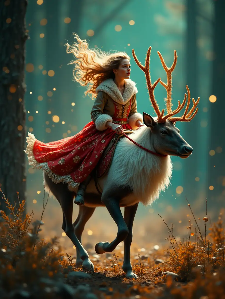 Stardust, gold glitter, blurred forest background on New Year's Eve, wild plants, excellent drawing, wind, mother-of-pearl threads and lines, hyper-detailing, beautiful fairy-tale woman riding a reindeer, close-up, rainbow texture, neon green backlight, dynamic pose