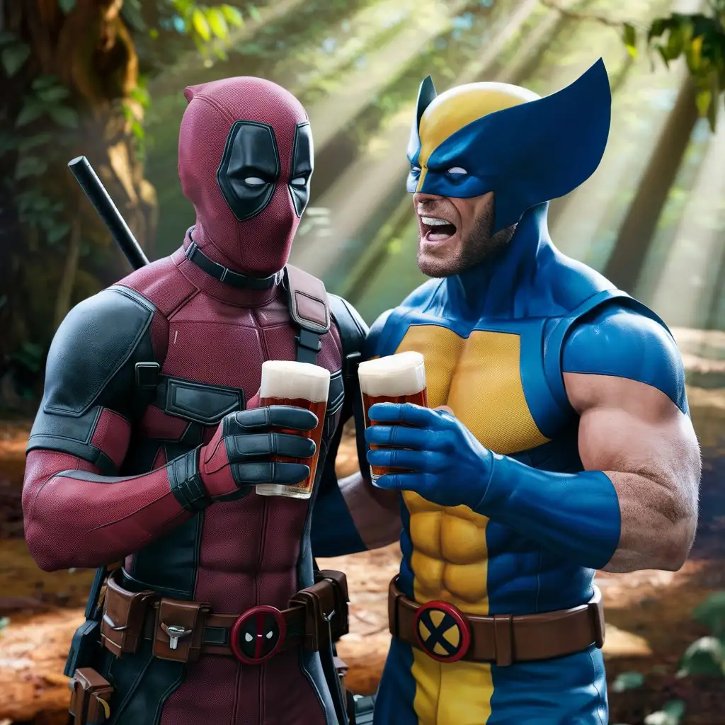 Deadpool-and-Wolverine-Holding-Bottles-in-Front-of-a-Forest-Scene