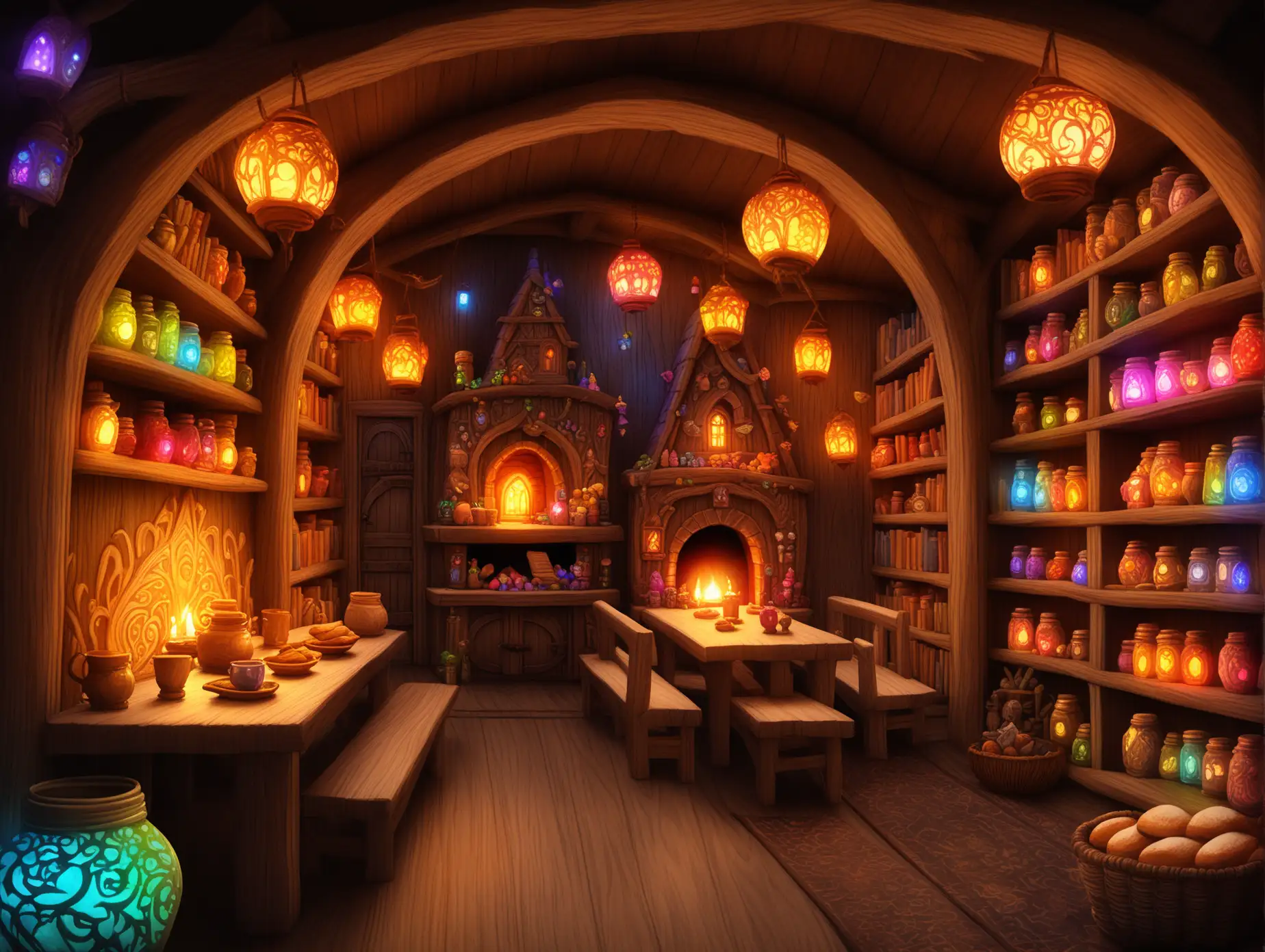 A continuation of a whimsical gnome house, featuring a cozy gathering hall with a grand, arched wooden wall where a glowing tapestry or magical projection is displayed, telling tales of gnome legends. The hall is adorned with intricate carvings, glowing crystals embedded into the wood, and hanging lanterns casting soft, colorful light. A long wooden table is set with mugs of frothy drinks, baskets of bread, and bowls of glowing fruit. The right wall opens into a snug alcove with a fireplace, surrounded by cushioned seating and more shelves filled with jars, books, and curios. A sense of warmth and community fills the space, enhanced by the vibrant glow of magical powders and flickering firelight.