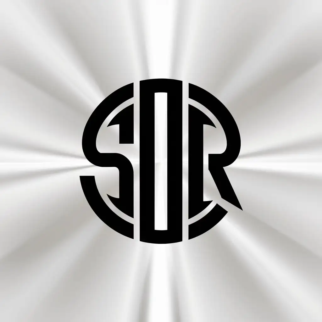 Minimalistic round logo, symmetrical, energetic, modern portraying the letters "SDR", bold font, black font, white background, illustration