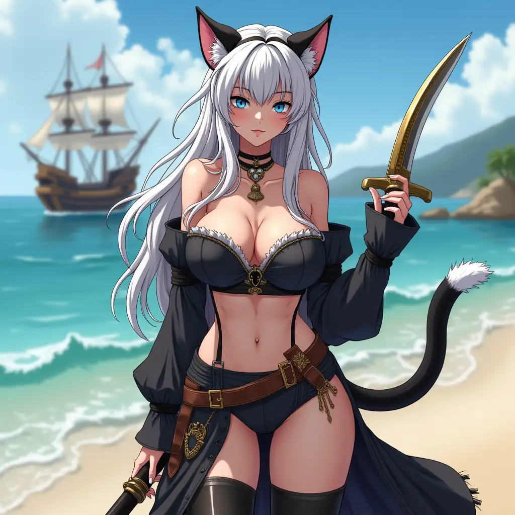 A mature adult feline/woman dressed as a pirate with a sword on a beach.  A pirate ship in the background. Her 30-something years are disguised by her youthful facial features, except for her subtle wrinkles around the eyes, extremely slender body. Her ample bosom strains against her clothing, threatening to burst free from the fabric, extreme cleavage.  Wearing black thigh high pirate boots. She has piercing blue cat eyes. A choker adorns her neck, a subtle hint at her feline nature. Her long, white hair cascades down her back like a wild waterfall, tangled and disheveled. Her cat-like teeth glint in the light, as her white fur-lined ears punctuate her visage with sparkling black and gold earring adorns each ear, adding a touch of elegance to her feline features. Cat whiskers on her face. The attached tail at the base of her spine stirs lazily.  Long fingernails. Full body view. Anime.