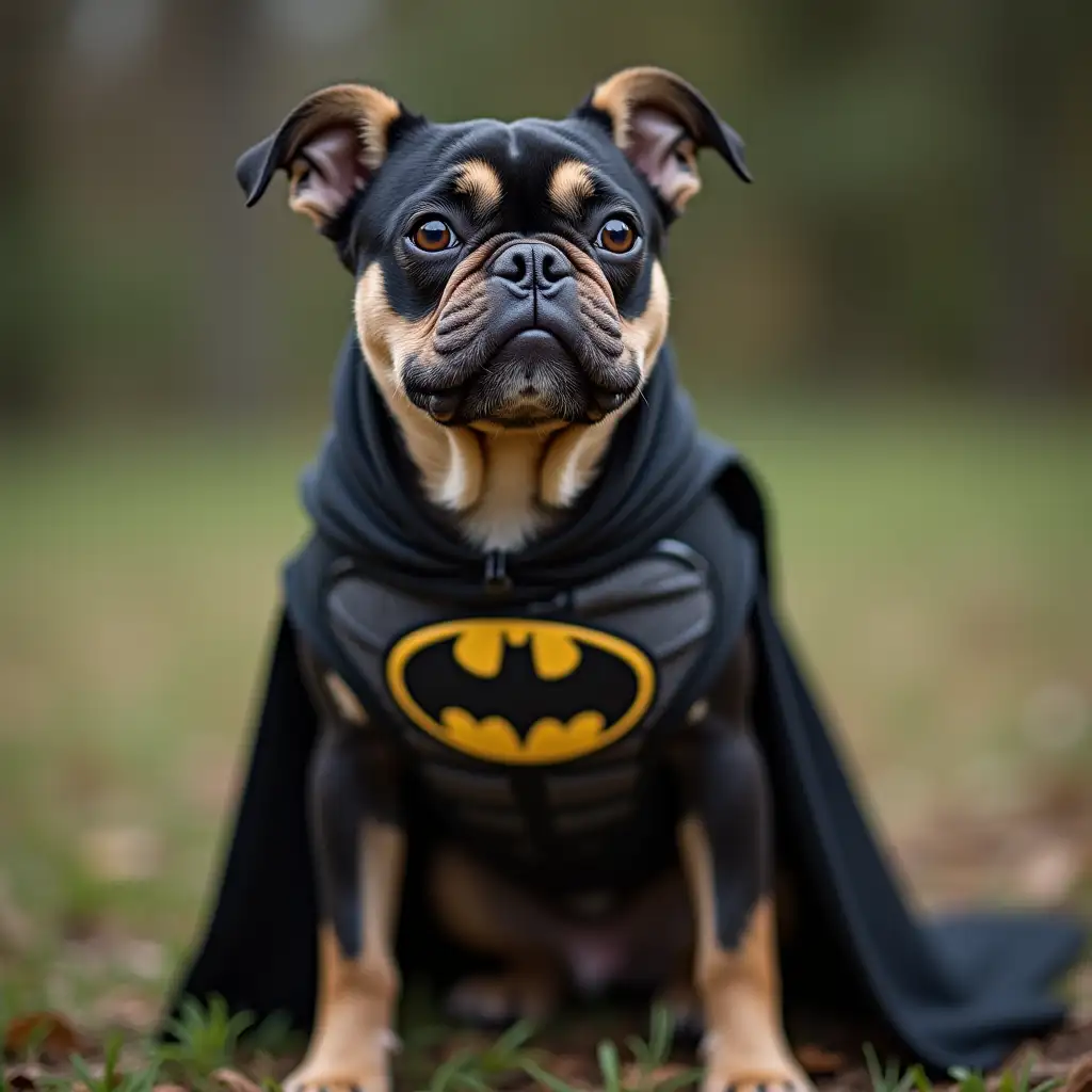 Dog wearing batman suit