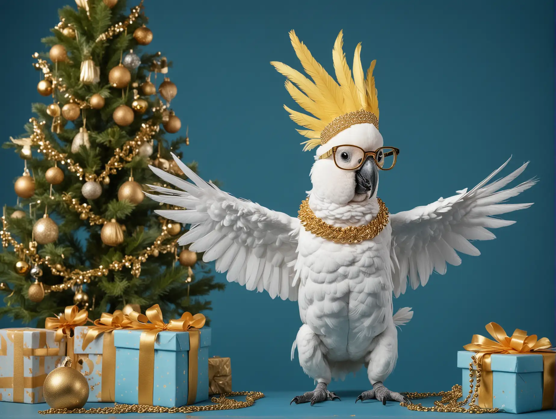 Cockatoo-Rapper-Dancing-with-Gold-Chain-and-Glasses-in-Front-of-New-Years-Tree-and-Gifts