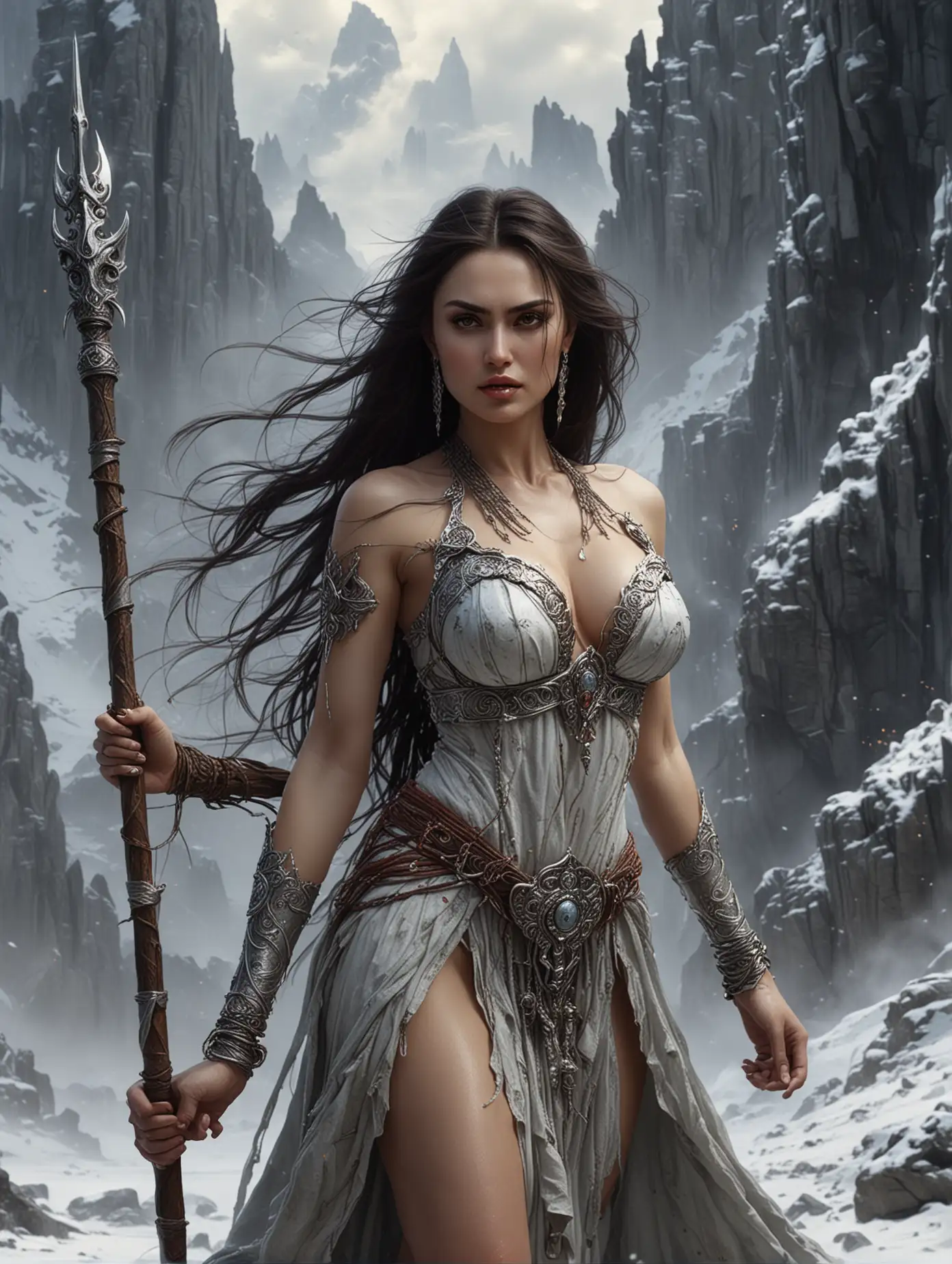 Medium close up of Beauty Luna Maya with dark flowing hair, awesome cleavage, moody face, fierce face, wears hindu goddess wardrobe, she was holding a long staff was made by lightning, proudly standing in fighting pose at top of rock snow hills surface background, Luis Royo style, anime semi-realism, elegance, graceful