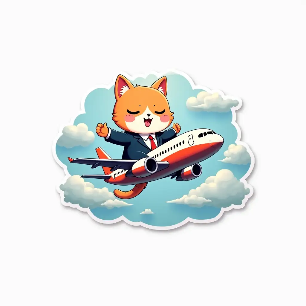 Curvilinearly cut UV laminated sticker depicting cute little cat in a business suit is flying from above riding an Boeing airplane between the clouds. cut sticker design, high resolution, white background, paint in anime style