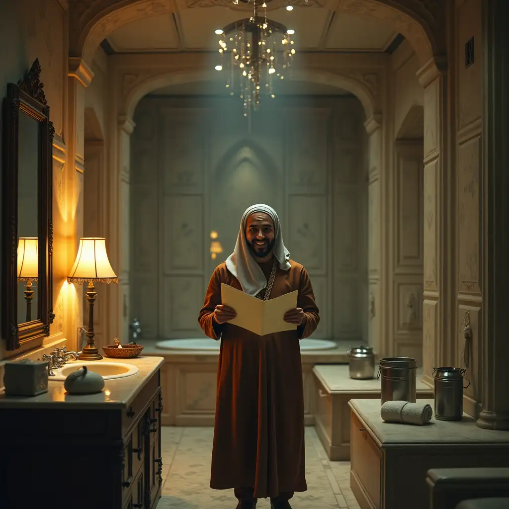 An image of a cheerful and elegant man with these details: lamp at the end of the bathroom and some stars - on the right side there are some columns - a pool of water - a large mirror - some iron cans - on the left side there are some porcelain tiles - some T-shaped towels - milk in a container - in the middle of the corridor that goes deep into the scene - some bathroom doors - a man with a cheerful face in the bathroom with Qajar clothes - and reading a letter