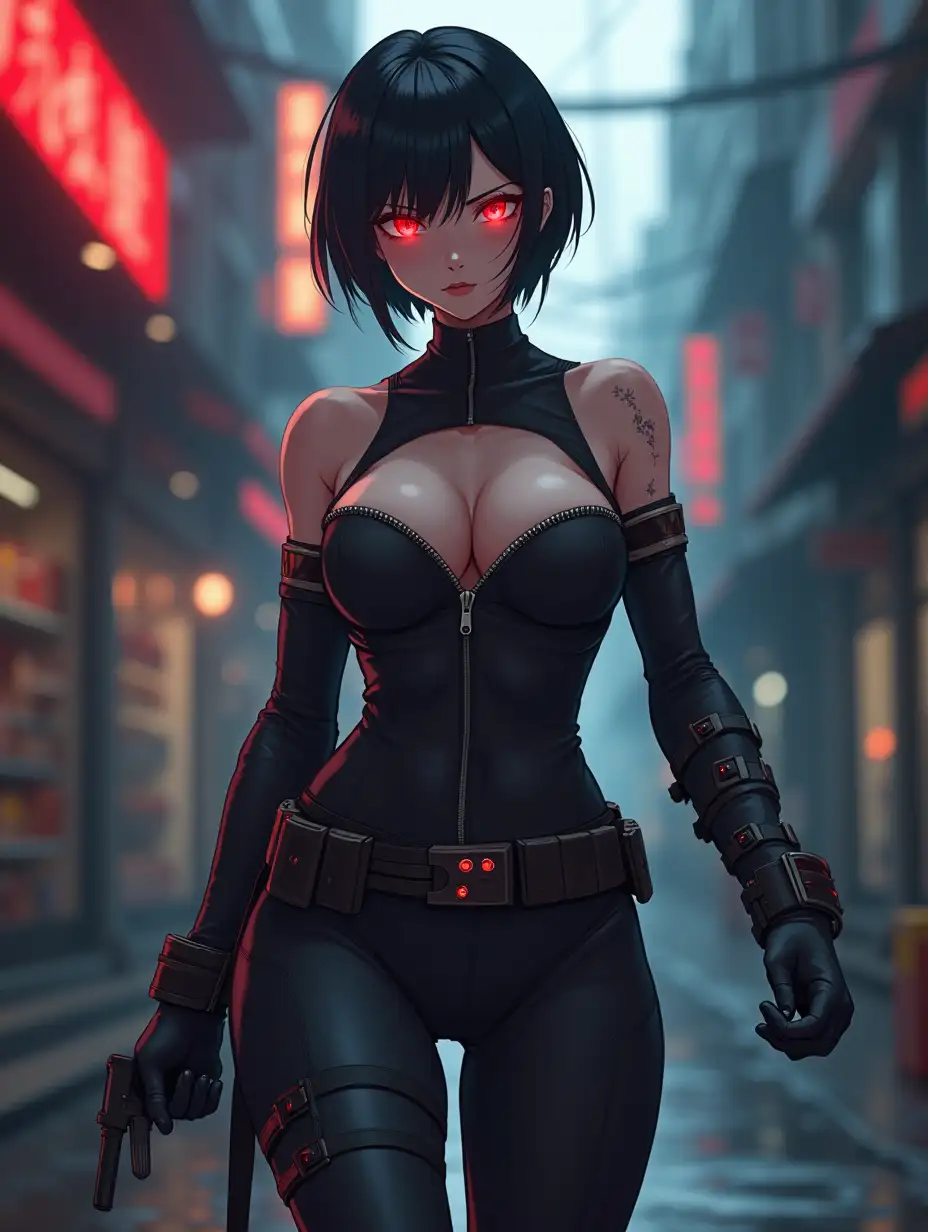 Short hair, mature Asian woman thief cyber runner in a dynamic full-length pose, eyes with red electronic pupils, large breast, extreme skintight body glove zipped down with cleavage, combat boots and combat belt. Full view of her body from boots up, low wide angle. Future store filled city alley street. Anime