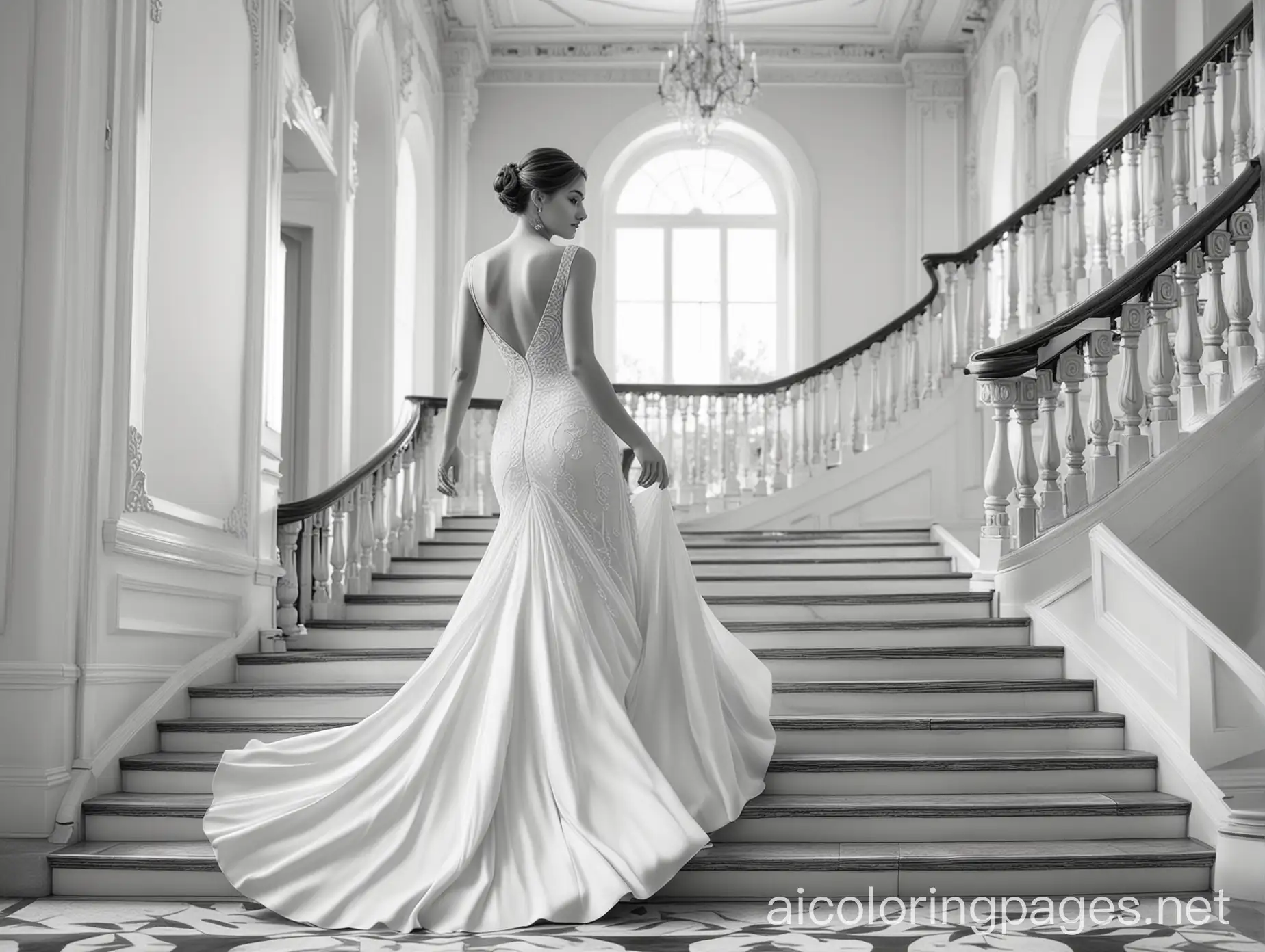 Elegant-Woman-Descending-Mansion-Stairs-Coloring-Page