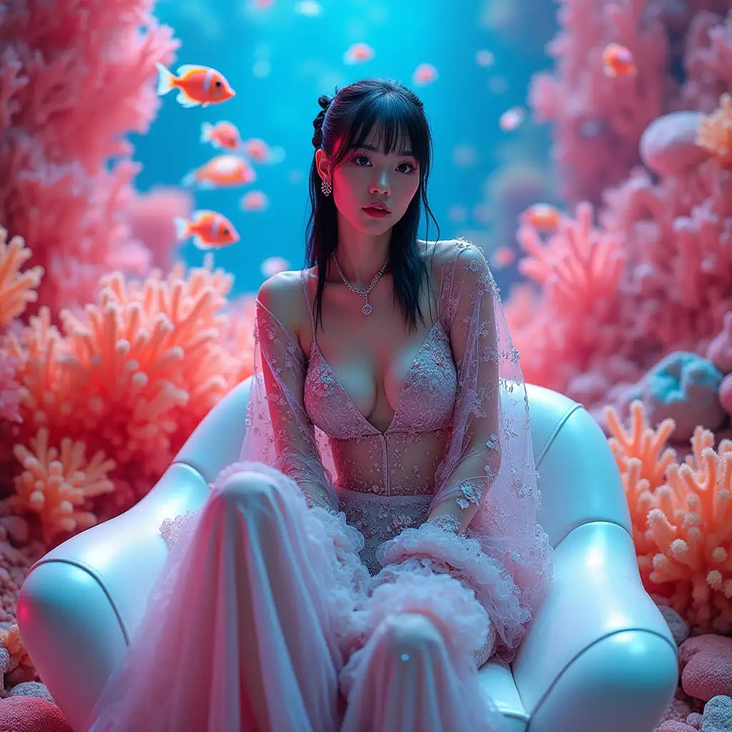 A high-fashion surreal portrait of a woman seated on a futuristic white chair, wearing an extravagant, floral-patterned, semi-transparent gown. The background is a psychedelic explosion of colorful fish, coral, and abstract organic shapes in vivid neon hues, blending reality with fantasy. Her symmetrical hairstyle and calm expression contrast with the vibrant, dreamlike environment, evoking avant-garde fashion photography with an AI-generated aesthetic.