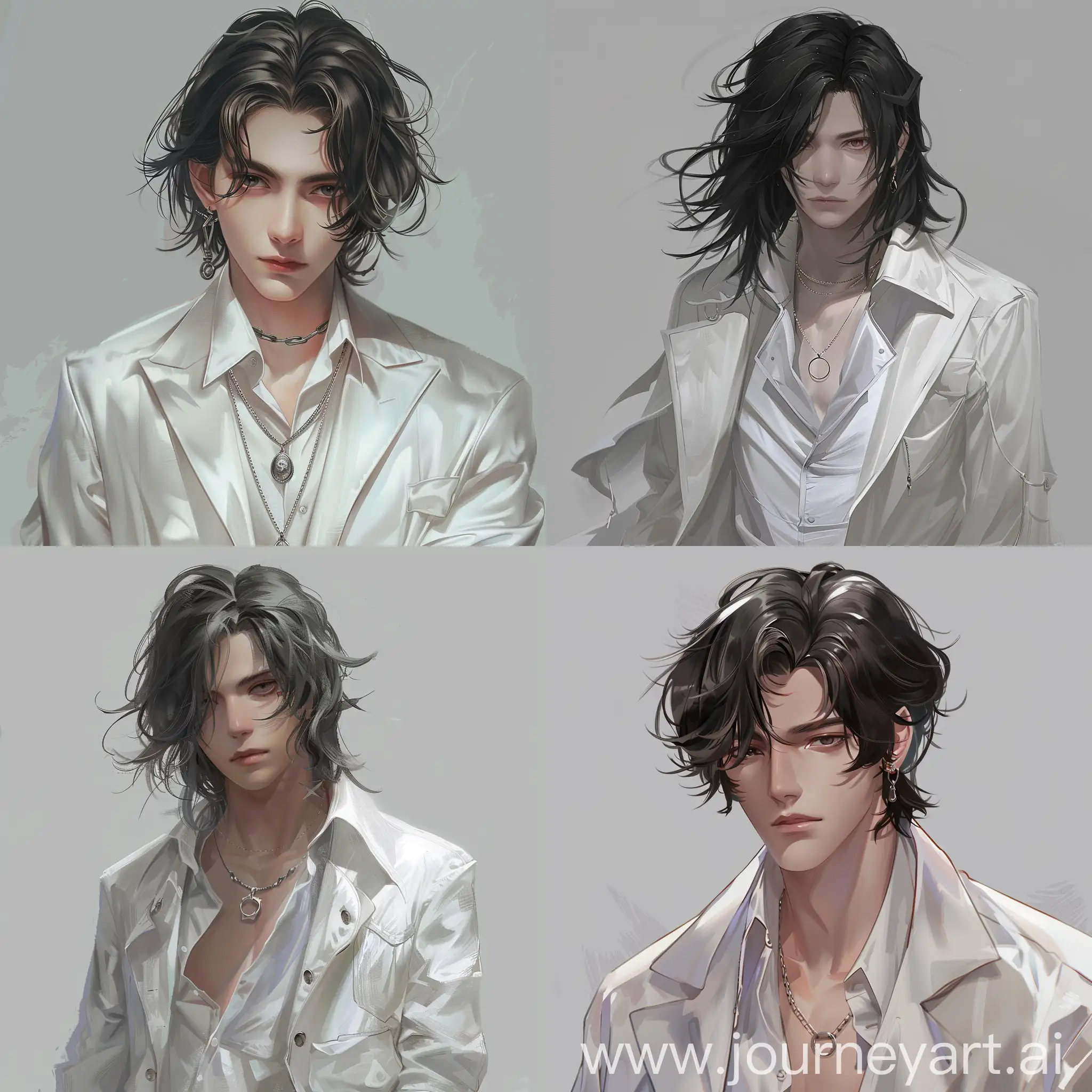 Young-Man-with-Disheveled-Black-Hair-and-Silver-Pendant-in-White-Attire