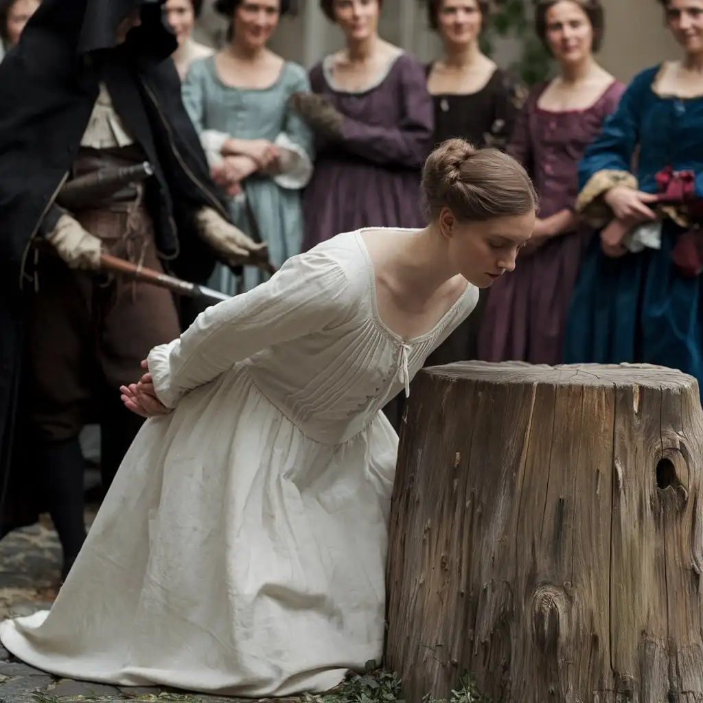 Aristocratic Woman Kneeling in 1700s French Village Execution Scene