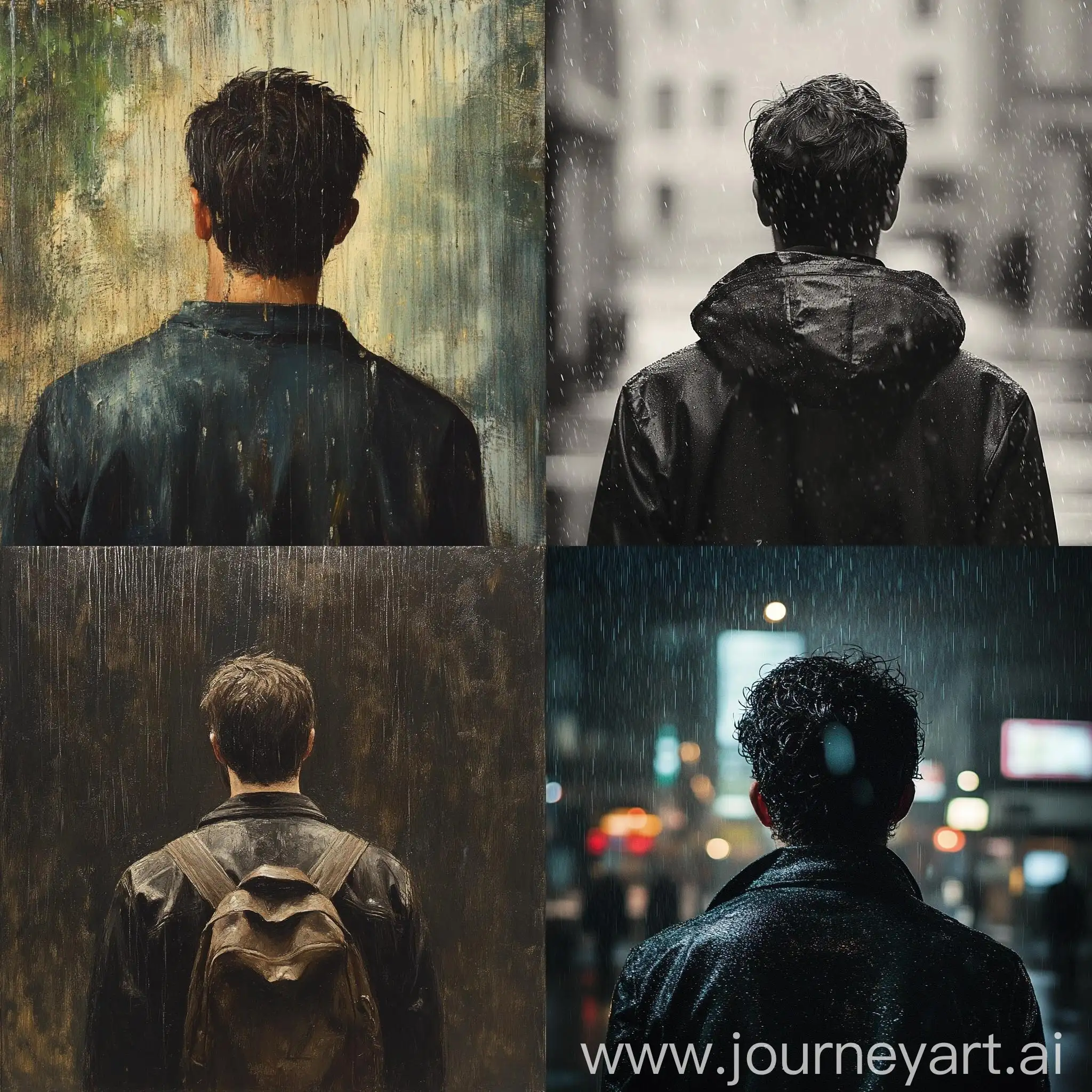 Young-Man-Walking-in-Rain-Viewed-from-Behind