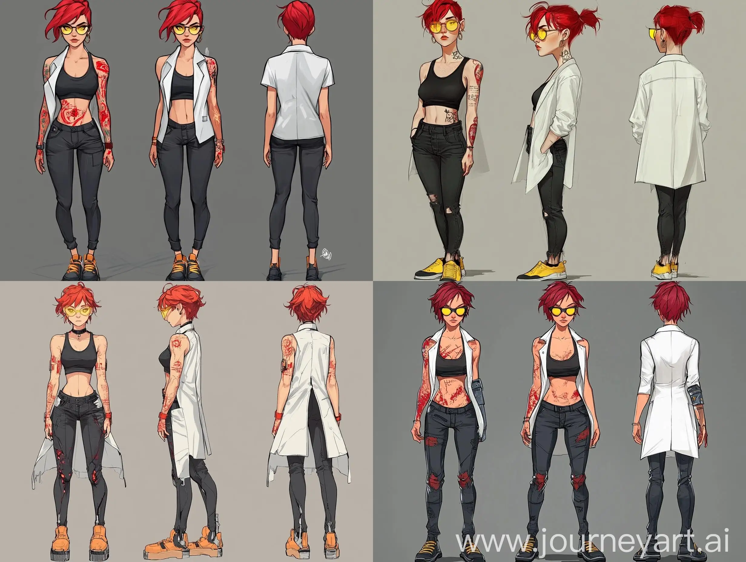 Girl-with-Short-Red-Hair-and-Yellow-Eyes-in-Black-Tank-Top-and-Jeans-with-Red-Tattoos