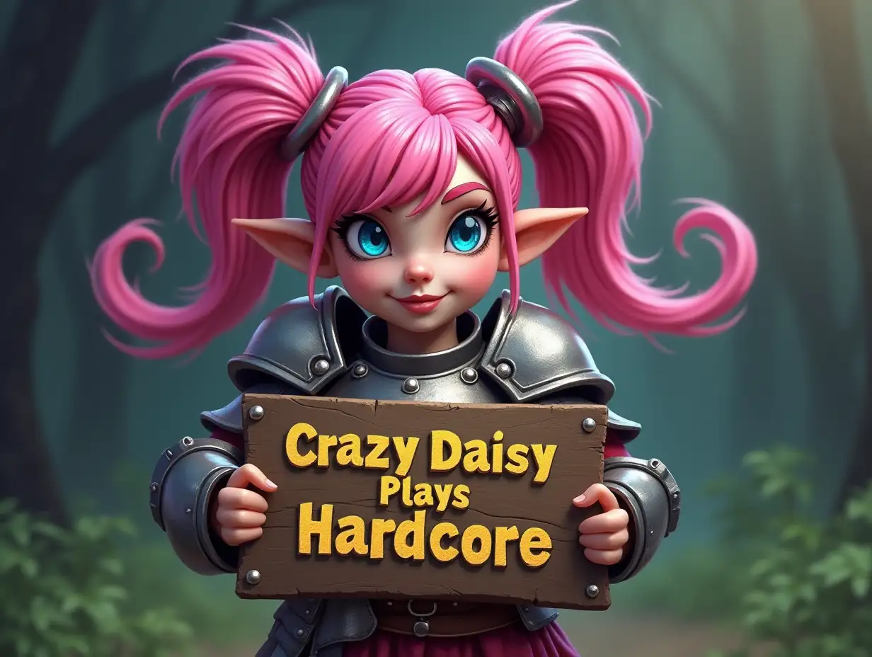 World of Warcraft gnome female with pink pigtail hair and blue eyes in mail armor holding a sign saying Crazy Daisy Plays Hardcore