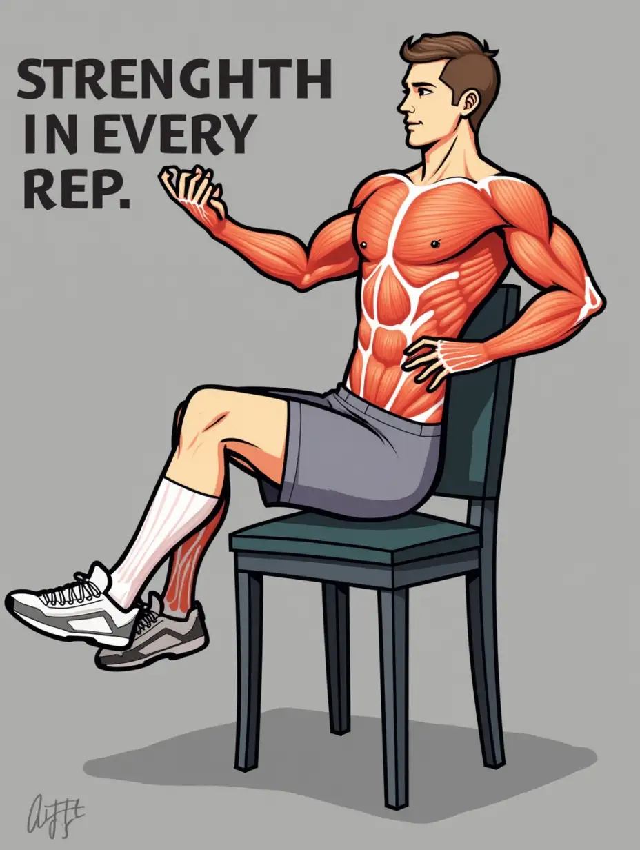 A person performing chair dips, with animated muscle highlights and a motivational text like “Strength in Every Rep.