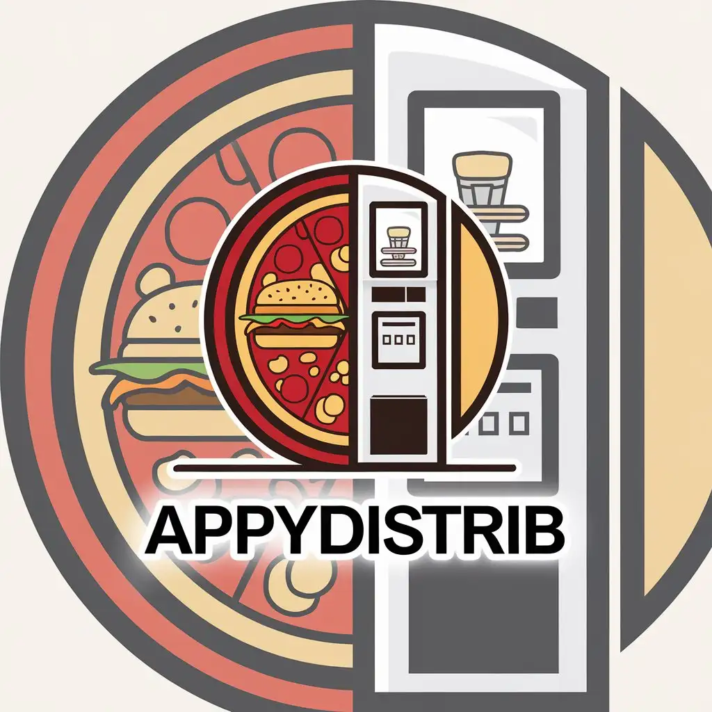 a vector logo design,with the text "Appydistrib", main symbol:Logo with a vending machine for pizza and burgers with half of a pizza and burger displayed,Moderate,clear background