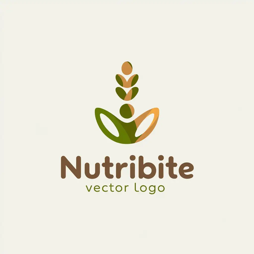 a vector logo design,with the text "NutriBite", main symbol:A logo for a healthy snack brand called 'NutriBite', featuring a stylized wheat stalk or oat grain seamlessly transitioning into the silhouette of a human figure with arms raised, symbolizing vitality and health. The design is soft and natural, with the figure appearing to 'grow' from the grain. The font is rounded and friendly, conveying a sense of warmth and accessibility. The color scheme includes warm greens for the grain and light golden or brown tones for the figure, emphasizing the natural and wholesome qualities of the brand. The overall style is organic, vibrant, and health-focused,Minimalistic,clear background