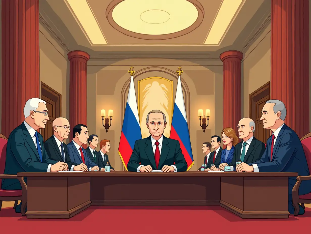 Style: Putin meeting with foreign allies in a grand hall, Adventure Time with minimalistic, whimsical lines