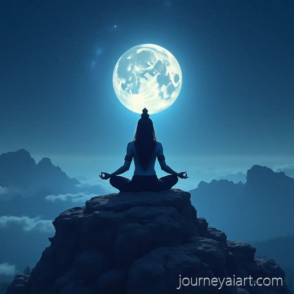 Shiva-Meditating-on-a-Moonlit-MountainShiva-meditating-on-mountain-with-Powerful-Planets-Above
