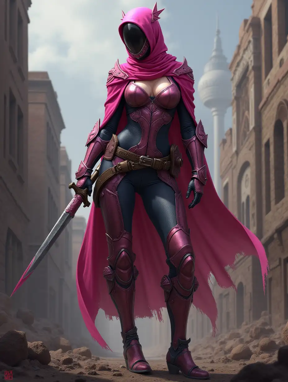 Kamenrider, realistic, full body, ruin city, armor, mask, woman, pink