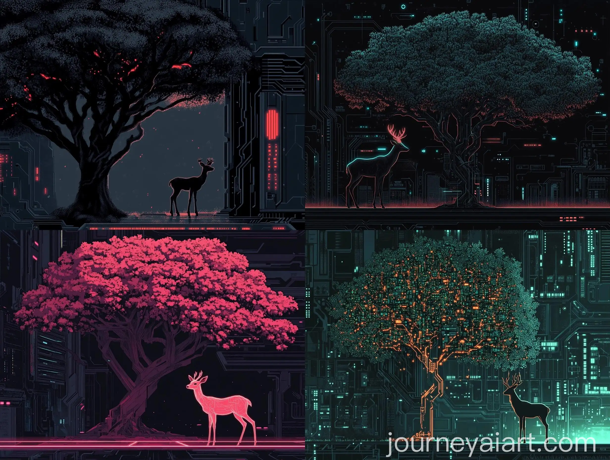 Cyberpunk-Deer-and-Vachellia-Erioloba-Tree-in-Futuristic-Landscape