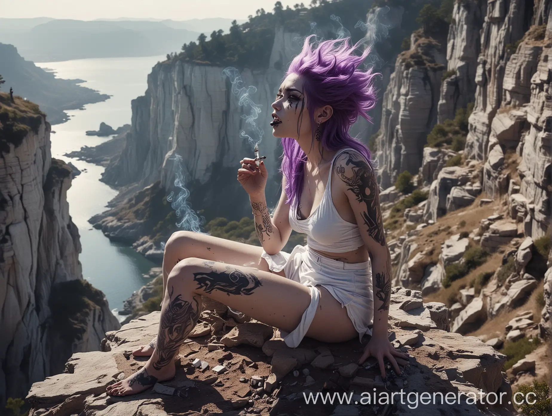 Mysterious-Female-Monster-with-Purple-Hair-Smoking-on-Cliff-Edge