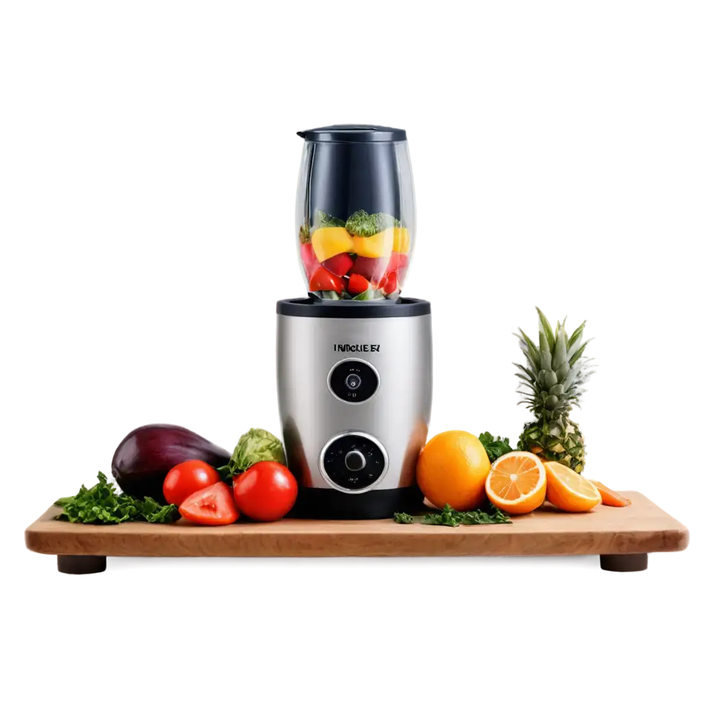 A sales card for a trading platform with an image of a kitchen blender for vegetables and fruits with a unique design. The blender has an oval shape and is made of stainless steel. It is mounted on a wooden board. Fresh vegetables and fruits are laid out around the blender. The background is white.