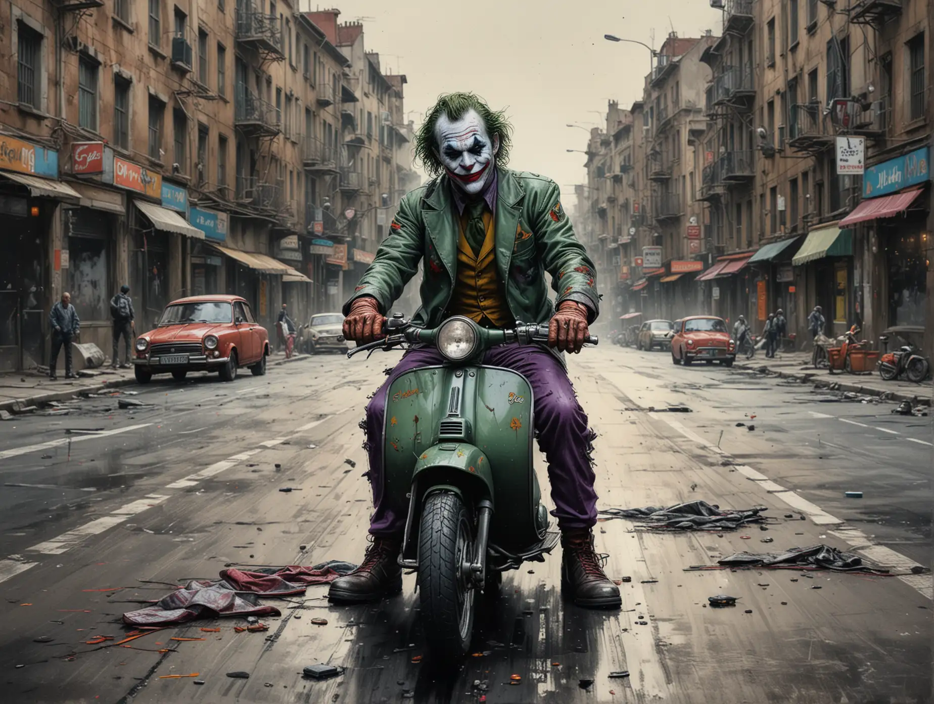 The-Joker-Riding-a-Vintage-Vespa-Motorcycle-Through-a-Destroyed-Cityscape