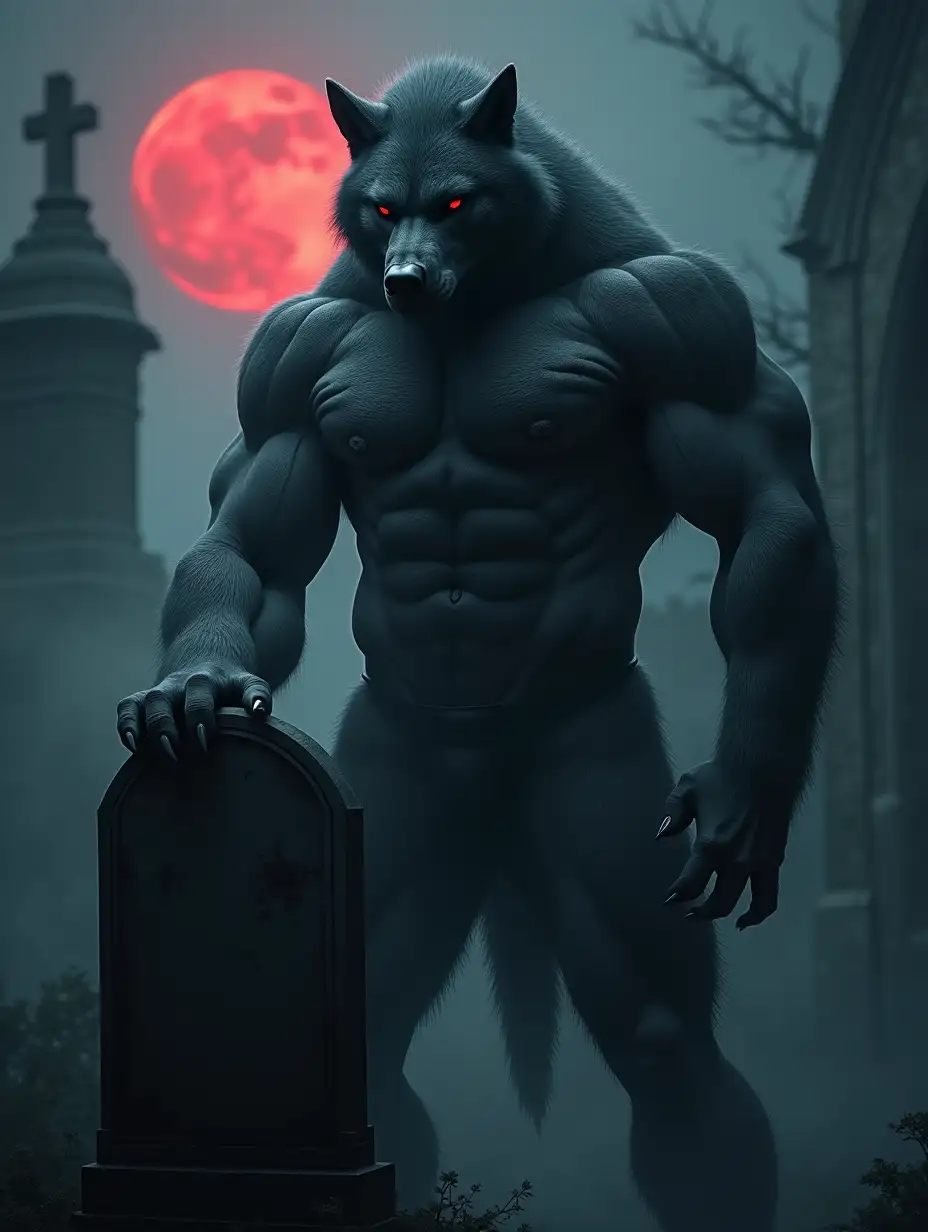 In the misty night of a ruined abbey's cemetery, a powerful werewolf stands imposingly. His body is a striking mix of silky fur and glossy black skin, muscles defined by bulging abs and impressive pecs. One paw rests on a weathered tombstone, adding to his menacing presence. The fog swirls around him, enhancing the eerie atmosphere, while the red moonlight casts a silvery glow, highlighting his fierce features. The scene is captured in stunning detail, realistic photography