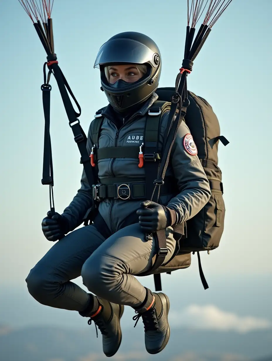 a 16 year old female masked paragliding cadet, in air, suspended on straps, fully covered, wearing a modern parachute suit with lots of harness, full motorcycle helmet with mask, gloves, attached equipment